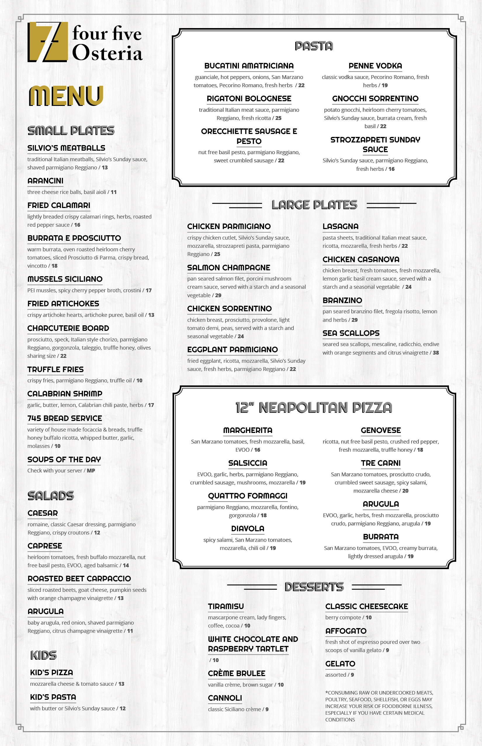 Menu | 745 Osteria | Old Saybrook, CT | Italian Restaurant